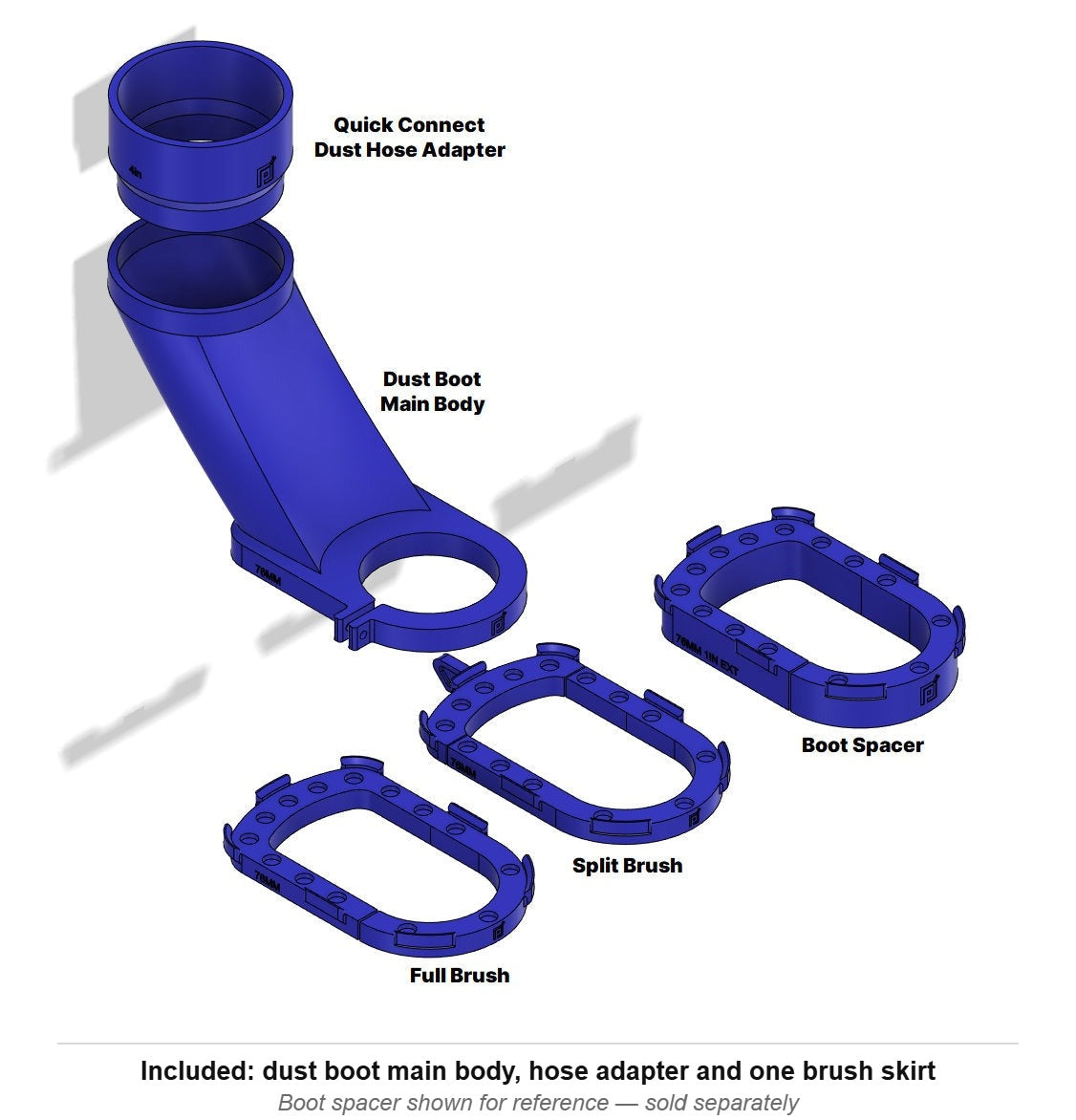 Exploded diagram of the P2P 80mm CNC dust boot labeling the quick-connect dust hose adapter, main body, split brush and full brush, with a caption noting the boot spacer is sold separately