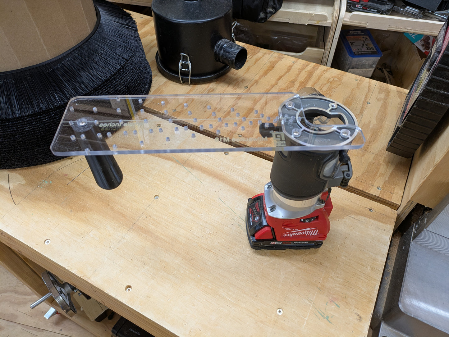 Milwaukee M18 FUEL circle cutting jig with compact router attached front view