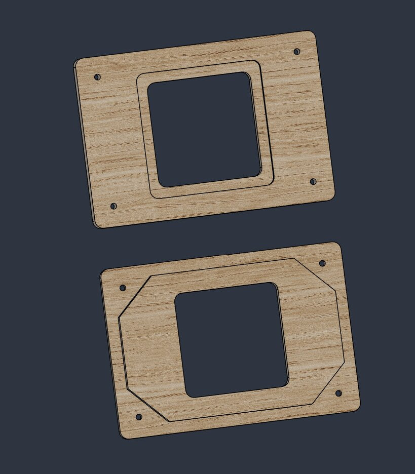 CAD render of two Ridgid router table adapter plate versions with square and chamfered recess openings