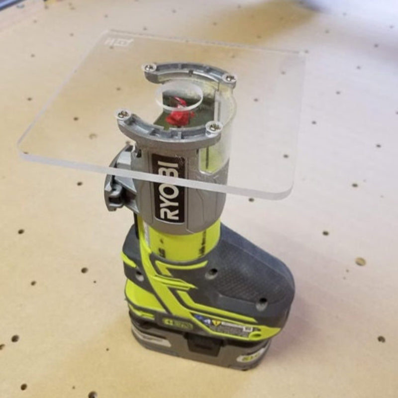 Six inch square acrylic trim router base plate mounted on a Ryobi cordless trim router