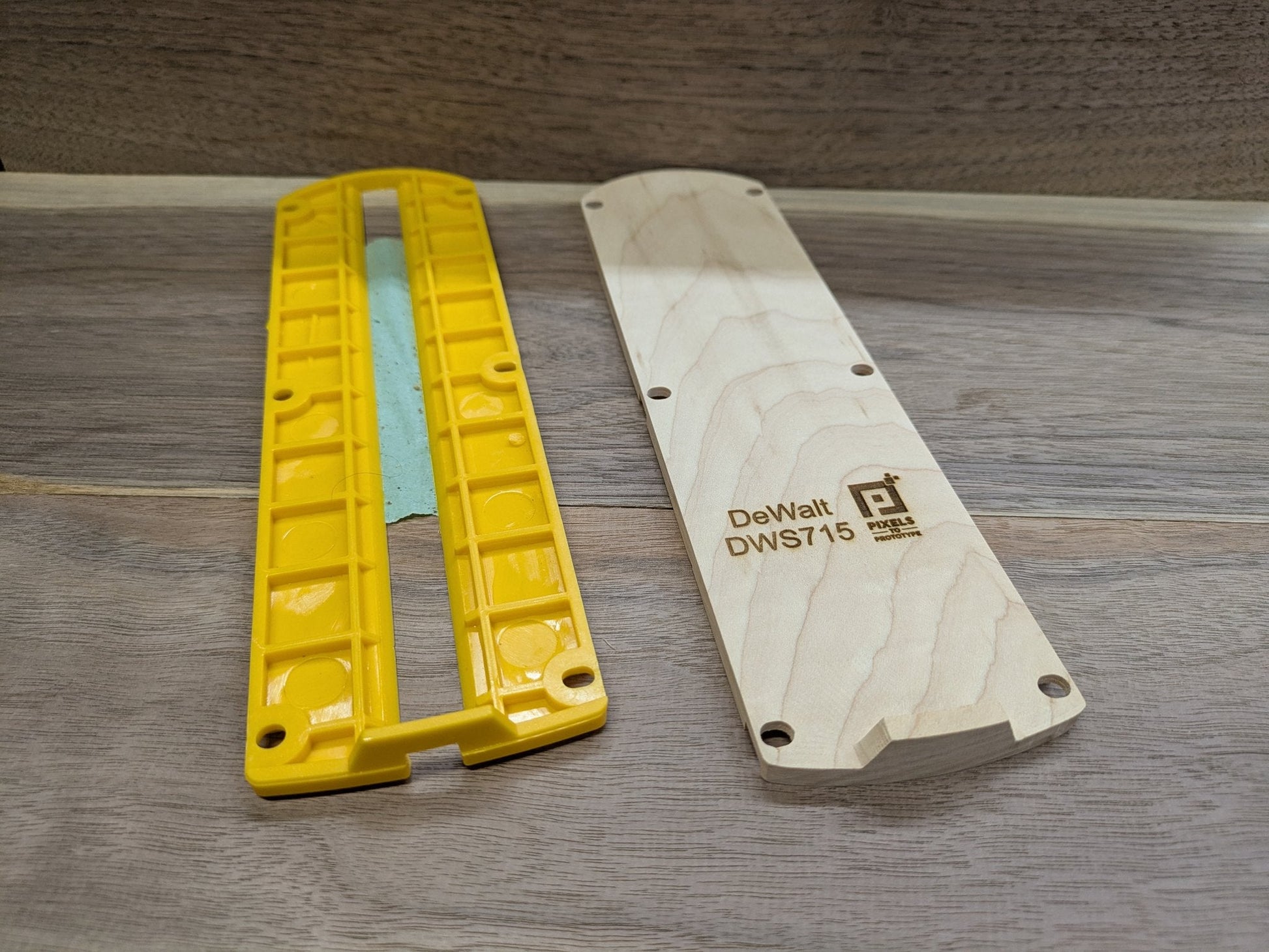DeWalt DWS715 hardwood insert beside the stock plastic throat plate, showing matching size and mounting holes
