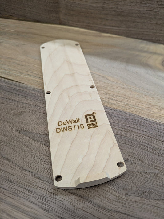 DeWalt DWS715 zero clearance insert in maple hardwood, laser engraved DeWalt DWS715 with Pixels to Prototype logo