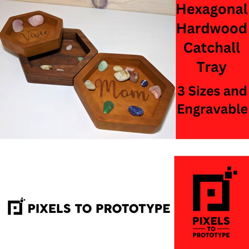 Hexagonal Hardwood Catchall Tray - 3 Sizes and Engravable!   Pixels to Prototype Ash Walnut Cherry Customizable Gift