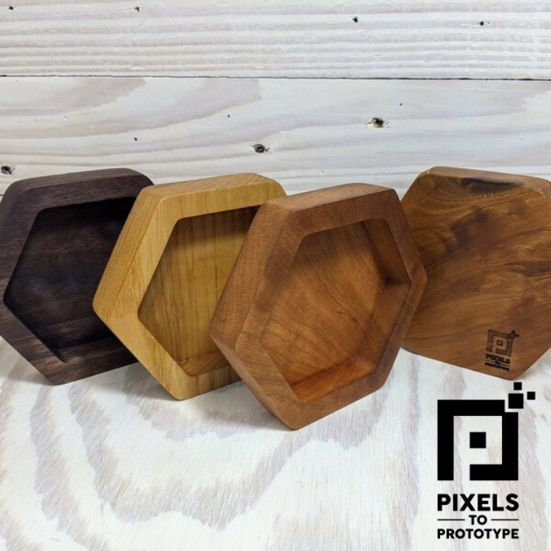 Hexagonal Hardwood Catchall Tray - 3 Sizes and Engravable!   Pixels to Prototype Ash Walnut Cherry Customizable Gift