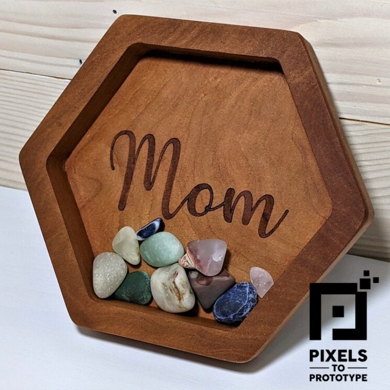 Hexagonal Hardwood Catchall Tray - 3 Sizes and Engravable!   Pixels to Prototype Ash Walnut Cherry Customizable Gift