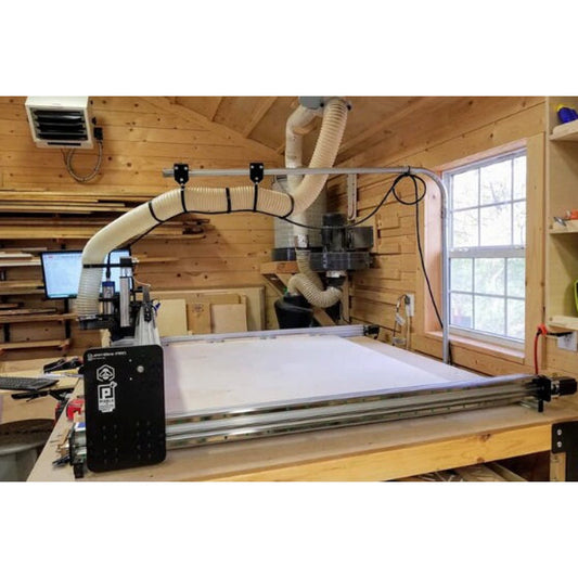 CNC dust hose support kit with EMT conduit overhead mount holding 4 inch hose