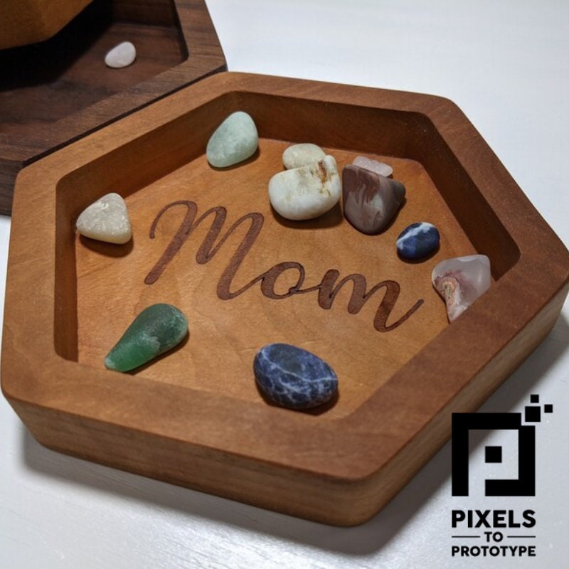 Hexagonal Hardwood Catchall Tray - 3 Sizes and Engravable!   Pixels to Prototype Ash Walnut Cherry Customizable Gift