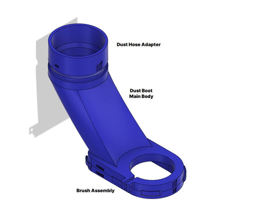 Assembled P2P v4 CNC dust boot diagram labeling the dust hose adapter, main body and brush assembly