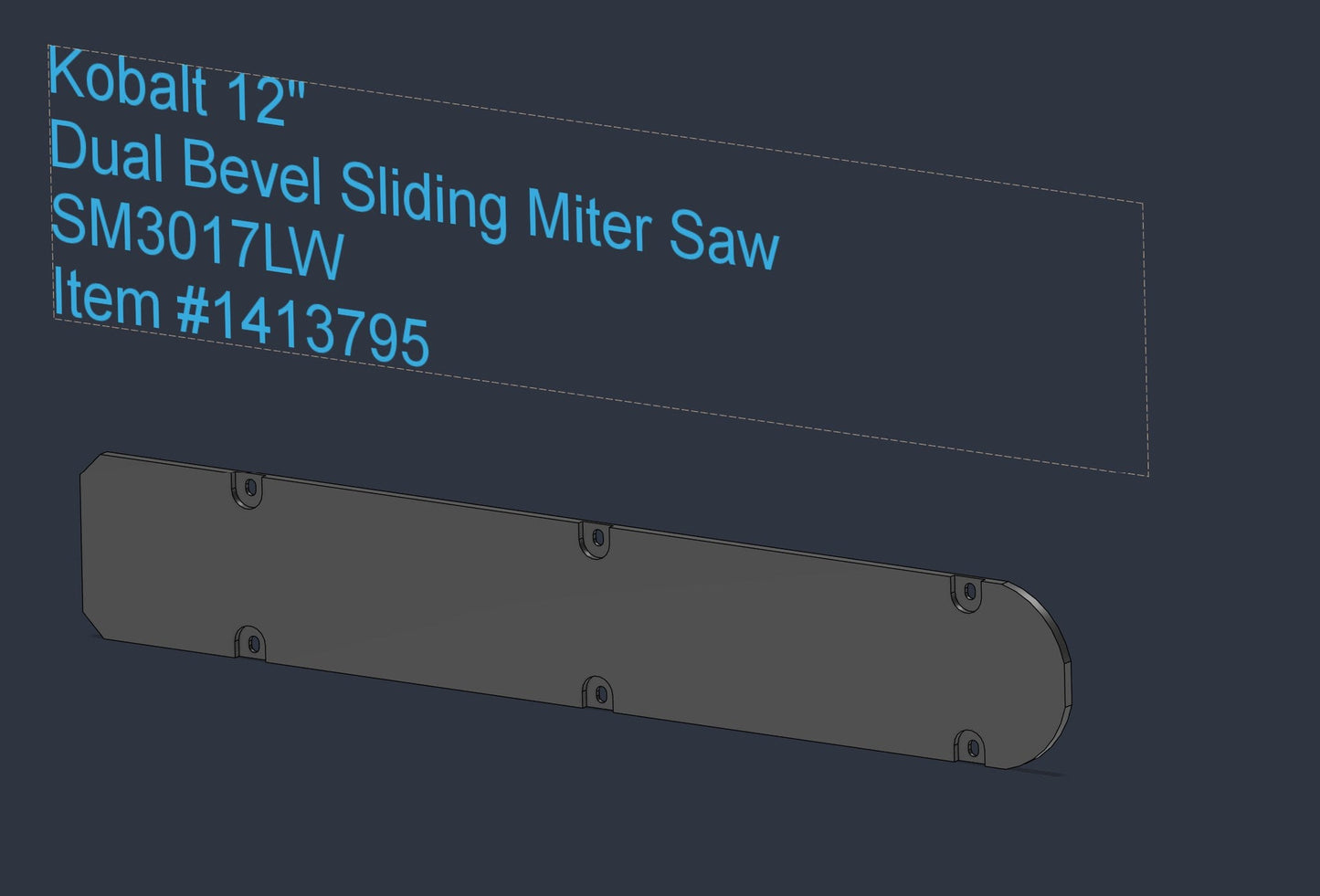 CAD render of the hardwood zero clearance insert for the Kobalt SM3017LW 12 inch dual bevel sliding miter saw, Lowe's Item 1413795
