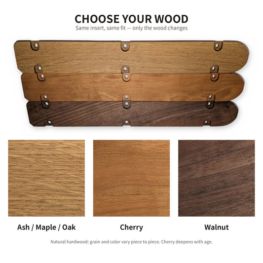 Zero clearance insert wood options side by side: Ash/Maple/Oak, Cherry and Walnut, with close-ups of each grain